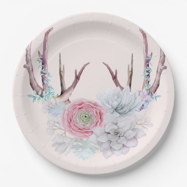 Pink Deer Antlers Flowers Succulent Garden Paper Plate (Front)