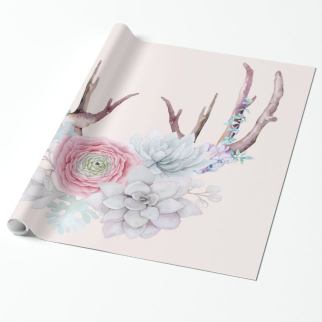 Pink Deer Antlers Flowers Succulent Garden Wrapping Paper (Unrolled)