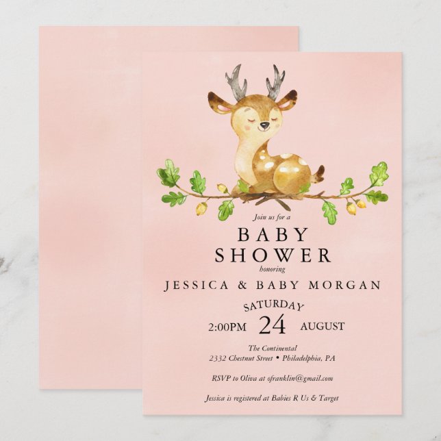 Pink Deer Baby Shower Invitation Baby Shower Card (Front/Back)