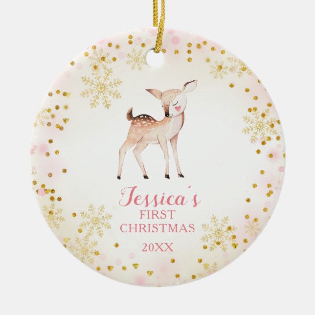 Pink Deer Baby's First Christmas Ornament (Front)