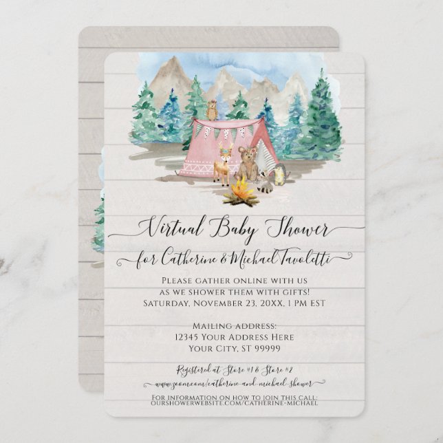 Pink Deer Bear Rustic Forest Virtual Baby Shower Invitation (Front/Back)