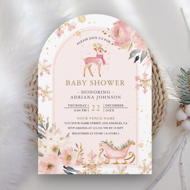 Pink Deer Winter Wonderland Arch Baby Shower Invitation (Creator Uploaded)