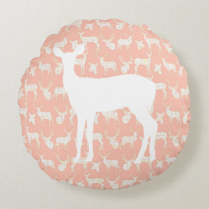 Pink Deer With White Buck and Doe Round Pillow