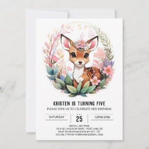 Pink Deer Woodland Adventure Girl Birthday Invitation