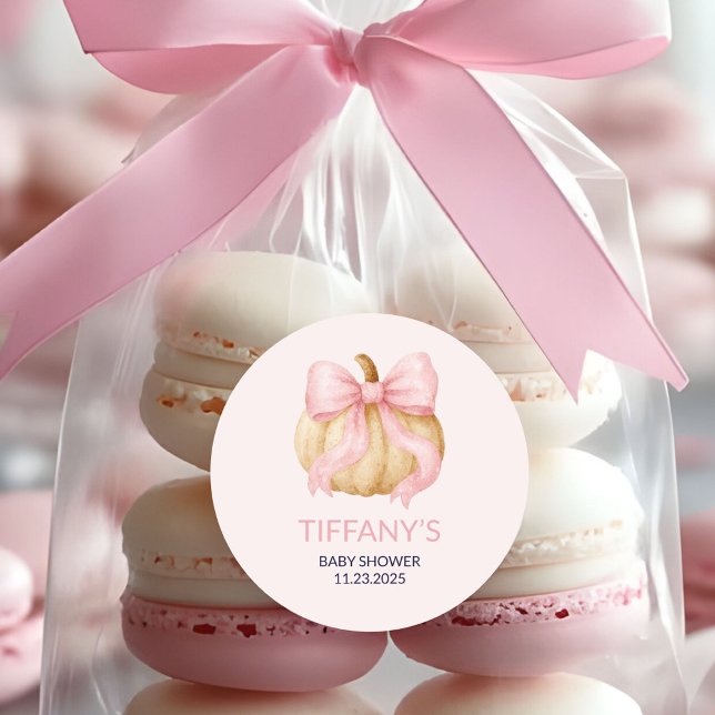 Pink delicate bow Pumpkin Baby Shower Classic Round Sticker (Creator Uploaded)