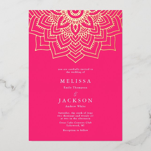Pink Delicate gold mandala Wedding Foil Invitation (Front)