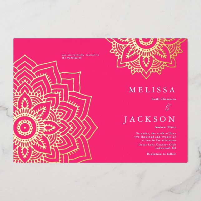 Pink Delicate gold mandala Wedding Foil Invitation (Front)