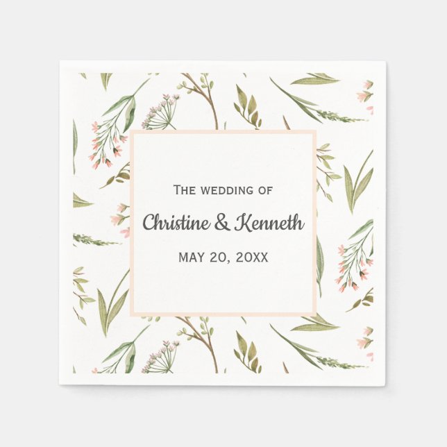 Pink delicate meadow flowers personalised wedding napkin (Front)