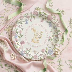 Pink Delicate Vintage Floral Bunny Baby Shower Paper Plate