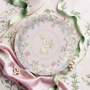 Pink Delicate Vintage Floral Bunny Baby Shower Paper Plate