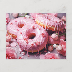 pink Delicious doughnut with sugar glaze, top view Postcard