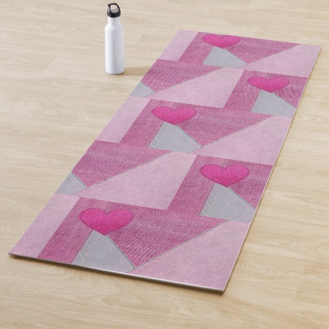 Pink Denim and Grey Patchwork with Heart Yoga Mat (In Situ)