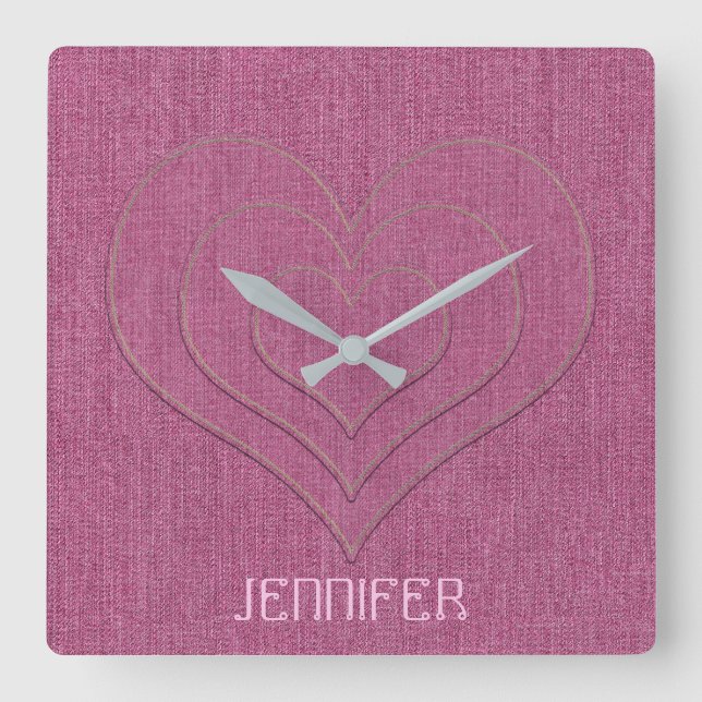 Pink Denim Jeans Fabric 3 Hearts Personalised Name Square Wall Clock (Front)