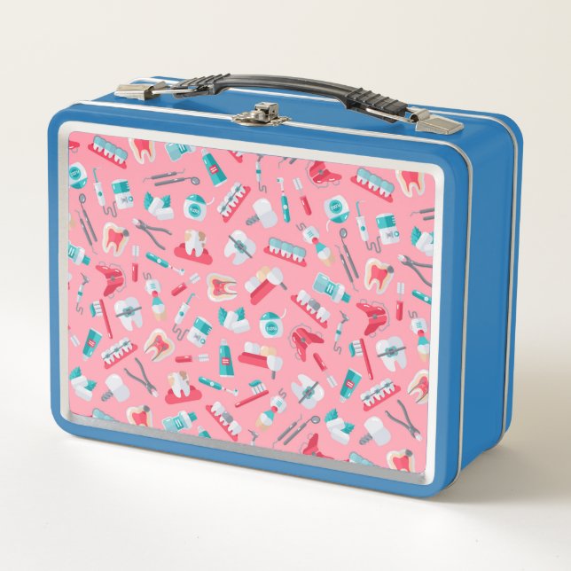 Pink Dental Pattern Metal Lunch Box (Front)