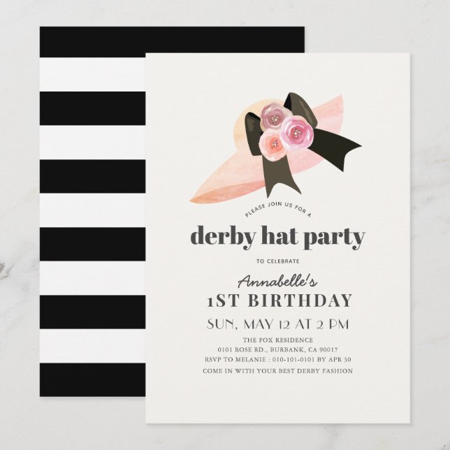 Pink Derby Hat Rose 1st Birthday Party Invitation (Front/Back)