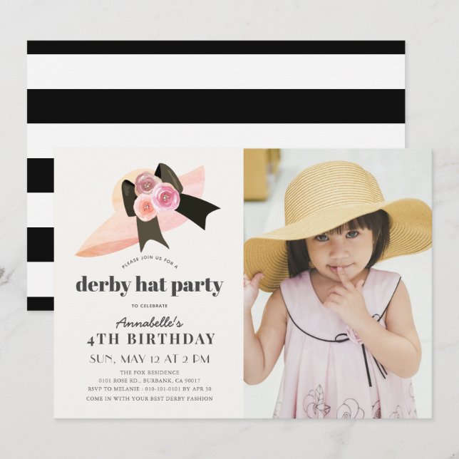 Pink Derby Hat Rose 1st Birthday Party Photo Invit Invitation (Front/Back)