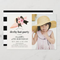 Pink Derby Hat Rose 1st Birthday Party Photo Invit