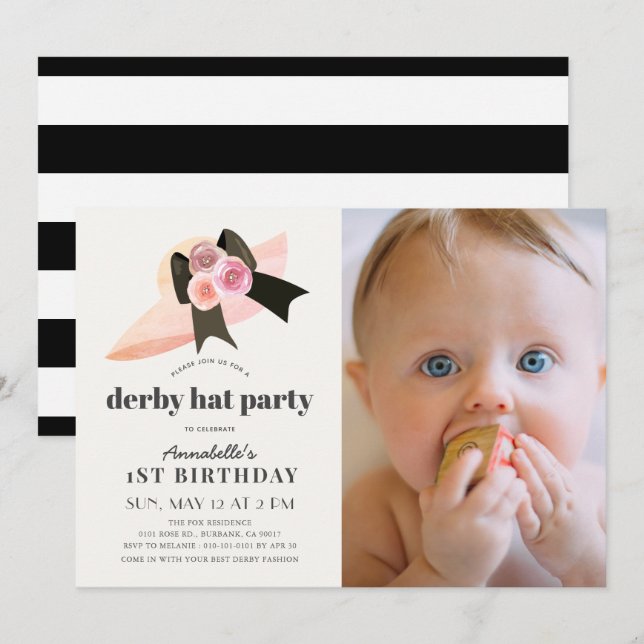Pink Derby Hat Rose 1st Birthday Party Photo Invitation (Front/Back)