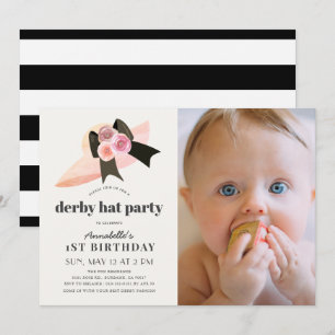 Pink Derby Hat Rose 1st Birthday Party Photo Invitation