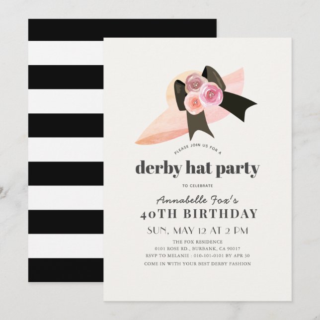 Pink Derby Hat Rose Birthday Party Invitation (Front/Back)