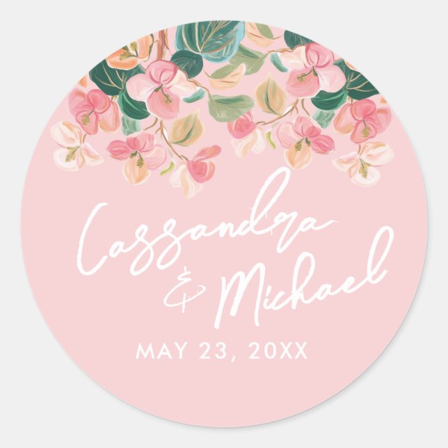 Pink Desert Floral Wedding Classic Round Sticker (Front)