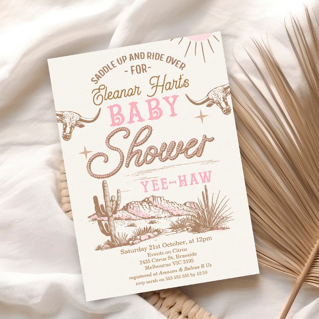 Pink Desert Wild West Western Girls Baby Shower Invitation (Editable Cowgirl Baby Shower Invitation Vintage  Little Cowgirl Wild West Invite Rodeo Desert)
