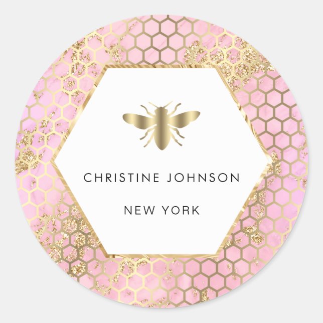 pink design hexagon bee logo classic round sticker (Front)