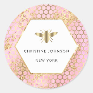 pink design hexagon bee logo classic round sticker