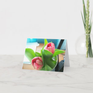 Pink Desktop tulips on a blank note card
