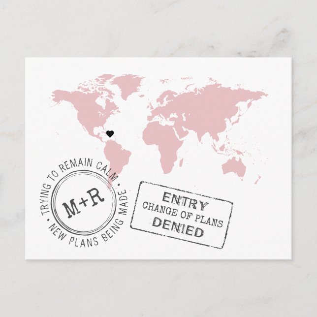 Pink Destination Wedding Change the Date Funny Announcement Postcard (Front)