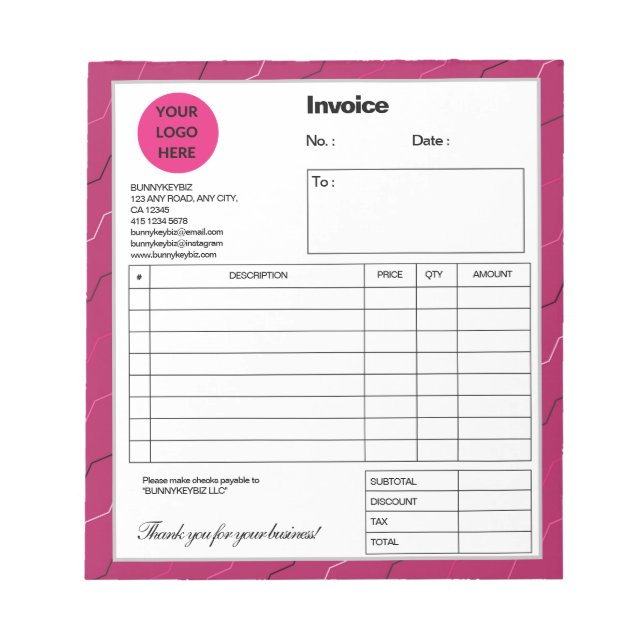 Pink Diagonal Stripe Company Business Shop Invoice Notepad (Front)