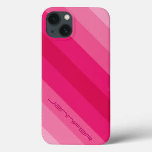 Pink Diagonal Stripe Modern, Name,  iPhone 13 Case