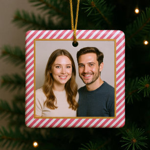 Pink Diagonal Stripe Photo Frame Ceramic Ornament