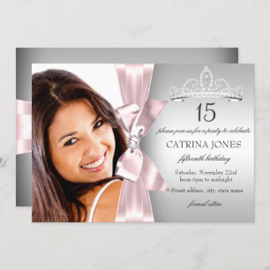 Pink Diamond Bow & Tiara Quinceanera Invite