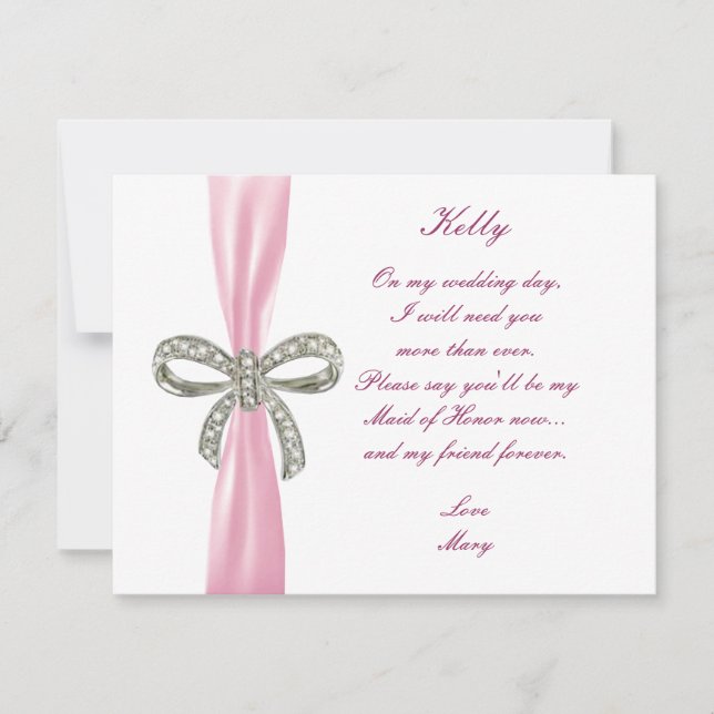 Pink Diamond Bow Wedding Maid Of Honour Card (Front)