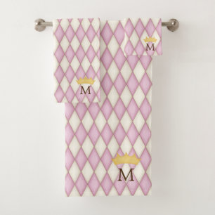 Pink Diamond Check Monogram With Crown Bath Towel Set