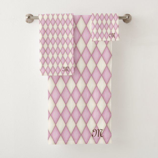 Pink Diamond Check Personalised Monogram Girls Bath Towel Set (Insitu)