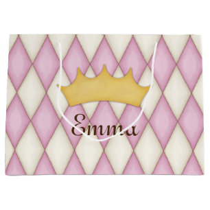 Pink Diamond Check Personalised Name Princess Large Gift Bag