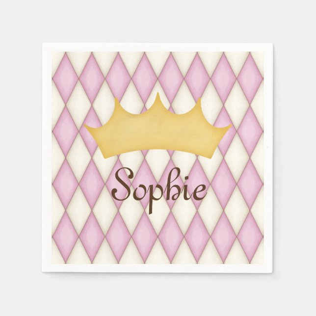 Pink Diamond Check Personalised Name Princess Napkin (Front)