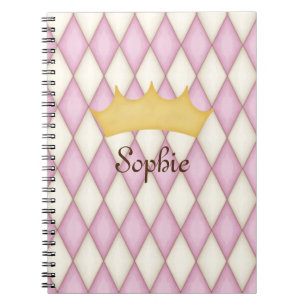 Pink Diamond Check Personalised Name Princess Notebook