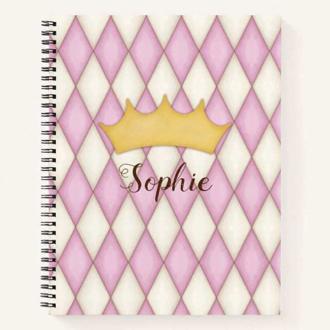Pink Diamond Check Personalised Name Princess Notebook (Front)