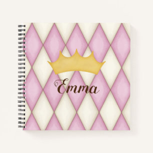 Pink Diamond Check Personalised Name Princess Notebook
