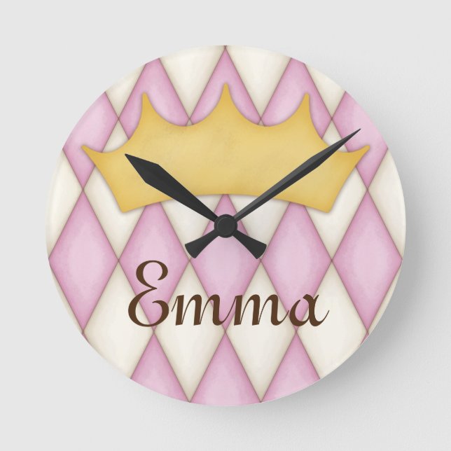 Pink Diamond Check Personalised Name Princess Round Clock (Front)