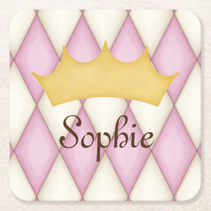 Pink Diamond Check Personalised Name Princess Square Paper Coaster