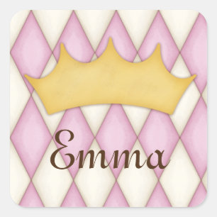 Pink Diamond Check Personalised Name Princess Square Sticker
