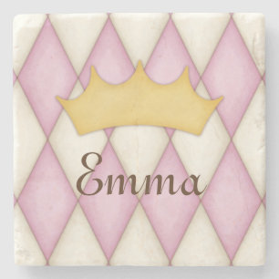 Pink Diamond Check Personalised Name Princess Stone Coaster