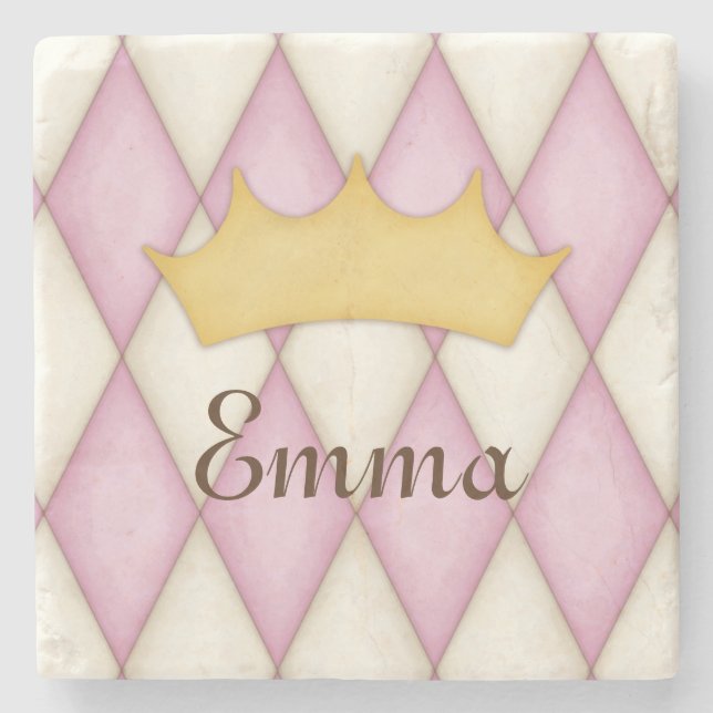Pink Diamond Check Personalised Name Princess Stone Coaster (Front)