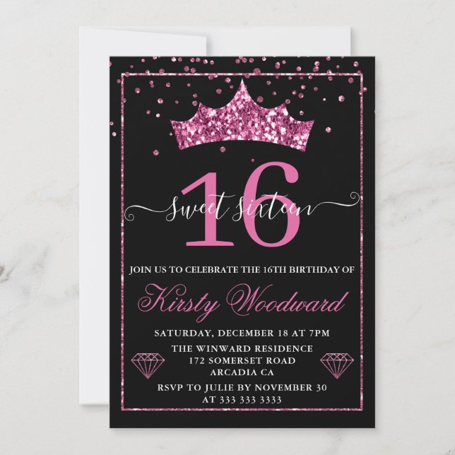 Pink Diamond Confetti Tiara Sweet 16 Invitation (Front)
