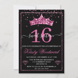 Pink Diamond Confetti Tiara Sweet 16 Invitation