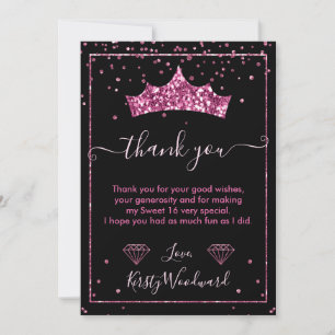 Pink Diamond Confetti Tiara Sweet 16 Thank You Card
